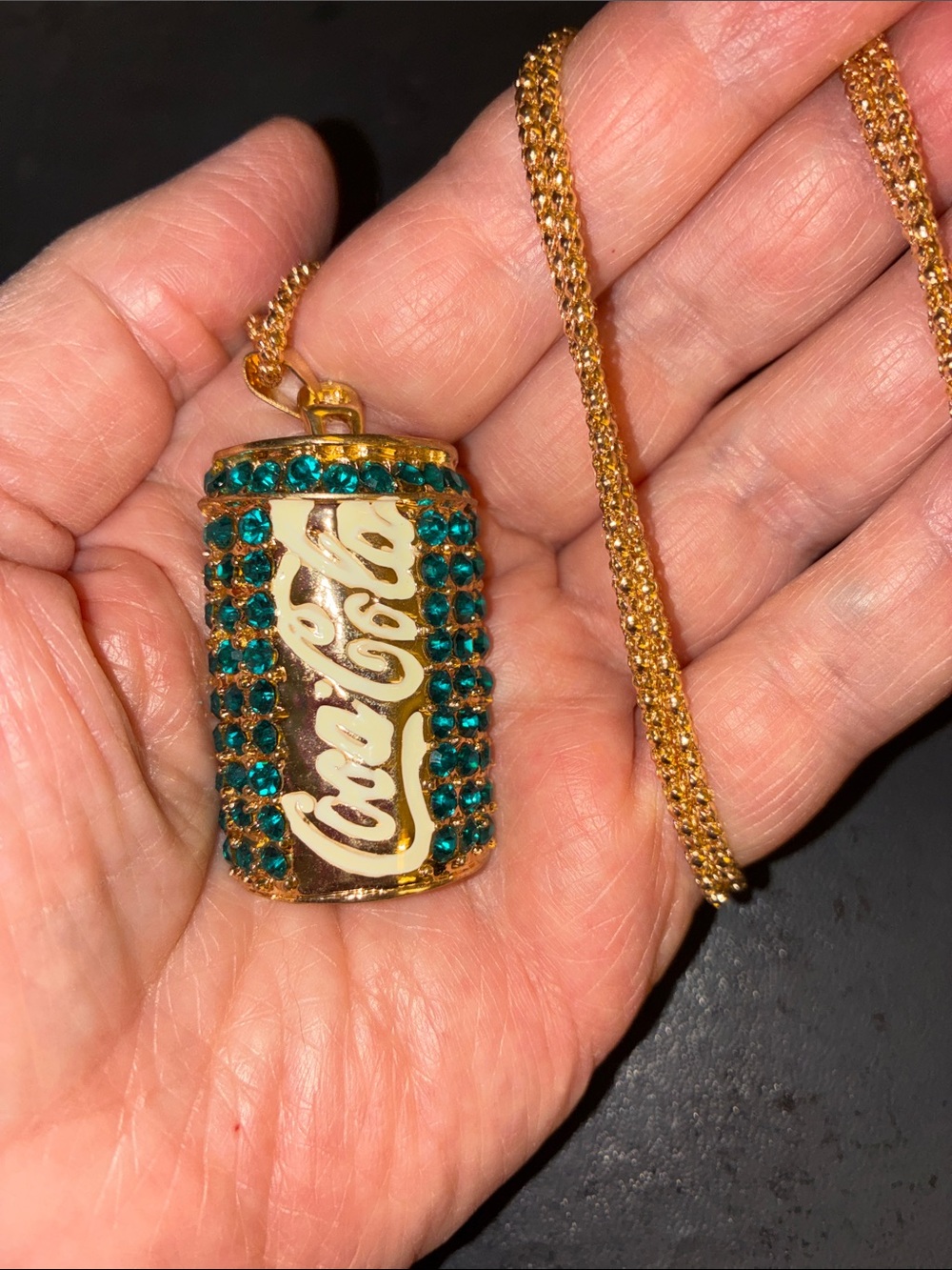 Coca Cola Gold-Tone Can Pendant with Teal Crystals Necklace